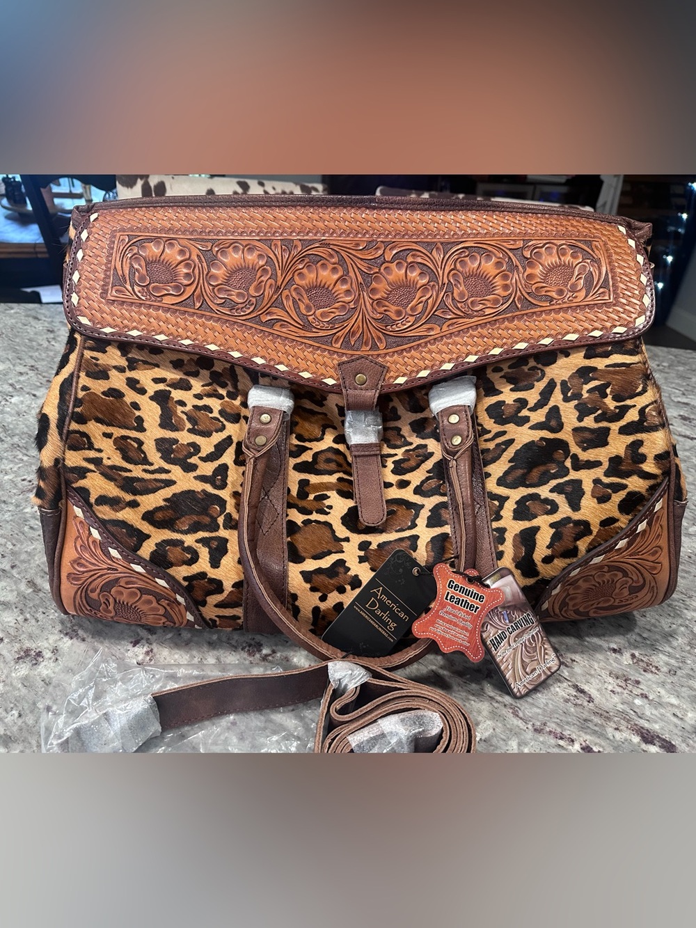 American Darling Brown Tooled Leather & Leopard Print Tote